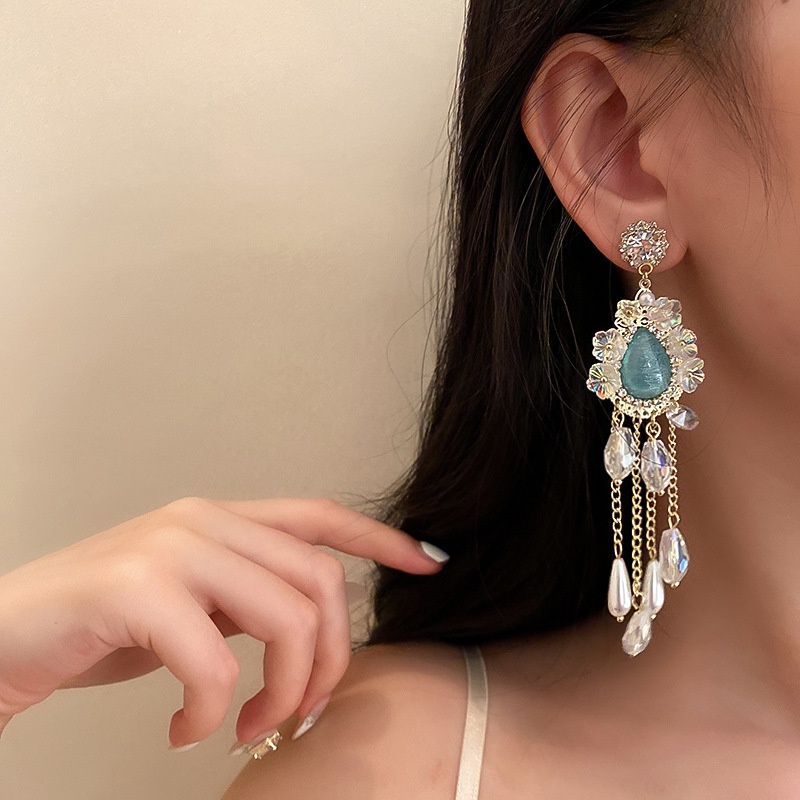 Bông tai mạ bạc 925 đính ngọc trai giả phối tua rua phong cách Âu Mỹ