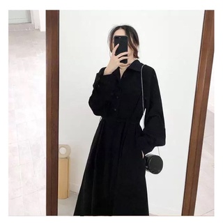 Váy đầm nhung đen dài qua gối cổ V thắt eo mặc thu đông phong cách Hàn Quốc MS8388