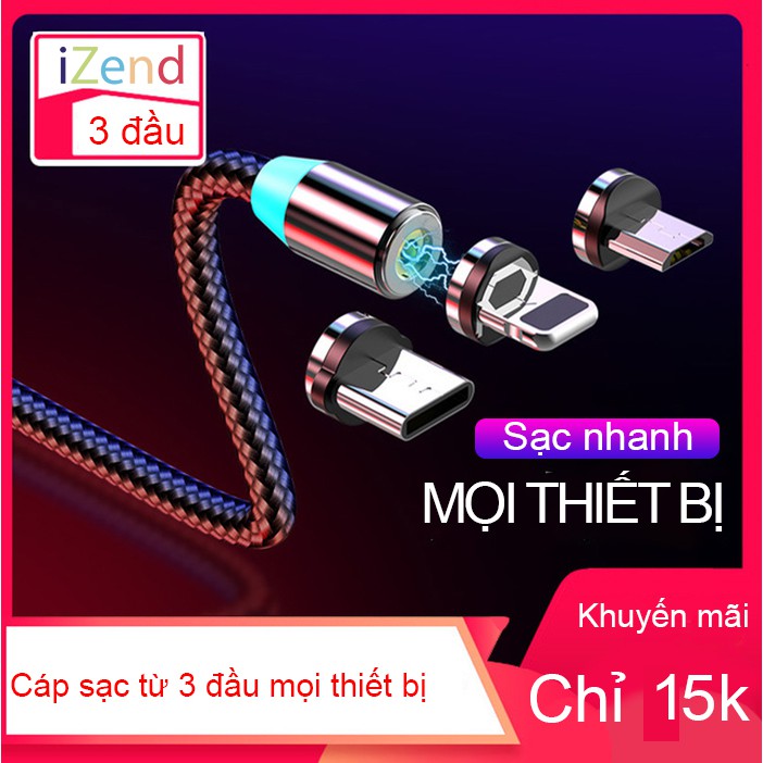 Cáp sạc từ 3in1 có cổng sạc cho samsung iphone xiaomi oppo, cáp sạc nhanh , chống đứt , cáp sạc siêu bền, hút nam châm