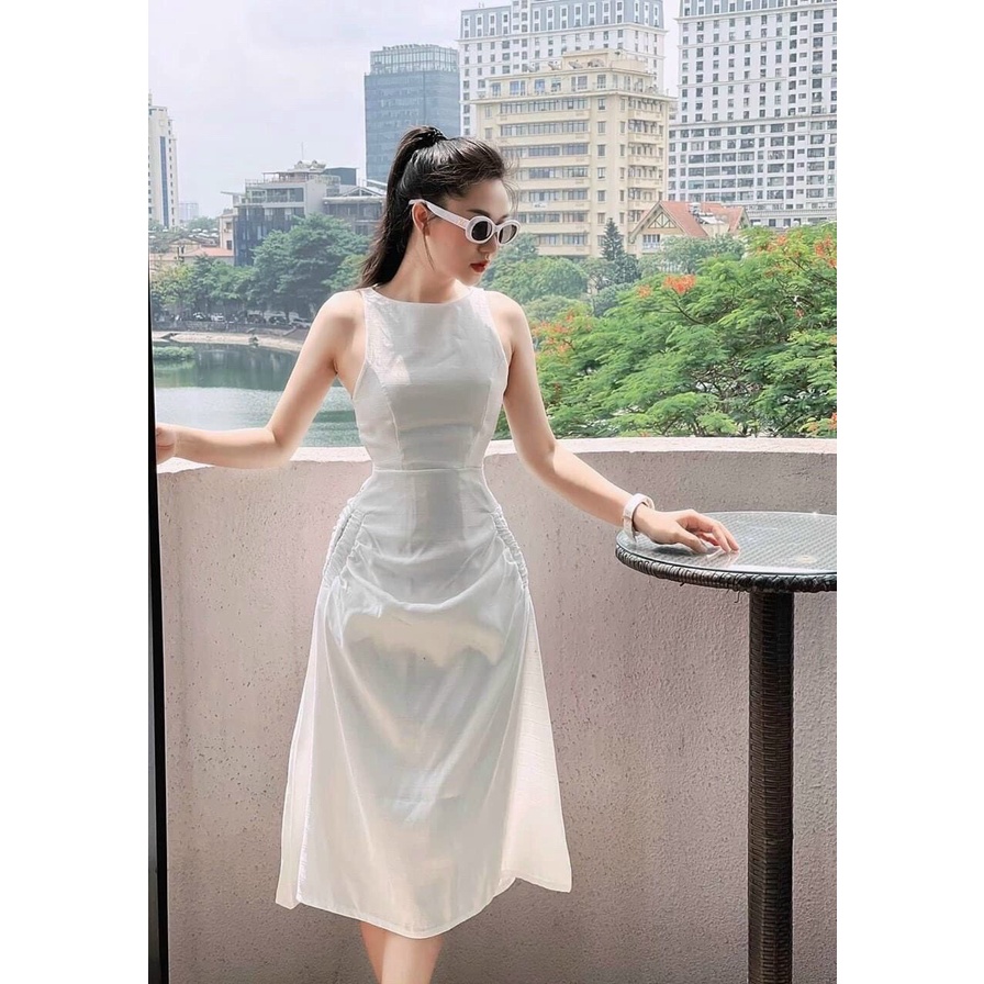Đầm dự tiệc sang trọng – Đầm chất vải lụa trơn đơn giản cổ tròn không tay có túi