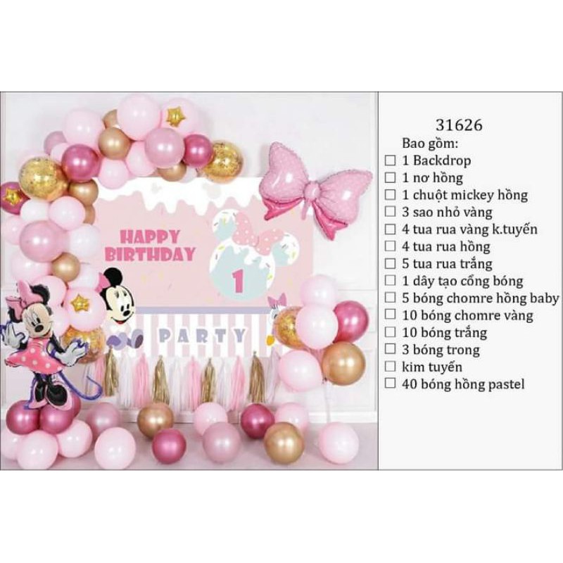 (KÈM BACKDROP ) SET BÓNG SINH NHẬT CHUỘT MICKEY BÉ GÁI THÔI NÔI