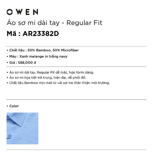 Áo Sơ Mi Nam Dài Tay Owen AR23382D Somi Công Sở Cao Cấp Màu Xanh Dương In Họa Tiết Dáng Suông Không Túi Chất Sợi Tre | BigBuy360 - bigbuy360.vn