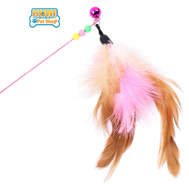 Đồ chơi cho mèo Cần câu mèo dây thép dẻo và lông vũ, con cá cho mèo vờn bắt, thư giãn Huni pet shop