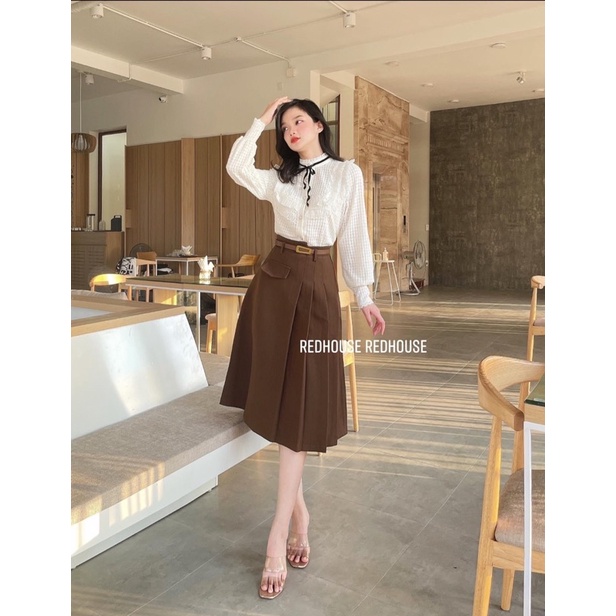 Chân váy dạ xếp ly 1/2 kèm đai