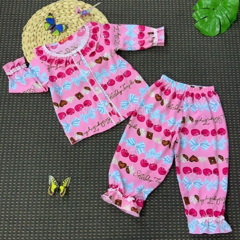 Bộ Pijama lụa dáng dài họa tiết viền bèo cho bé gái size từ 12 đến 30kg