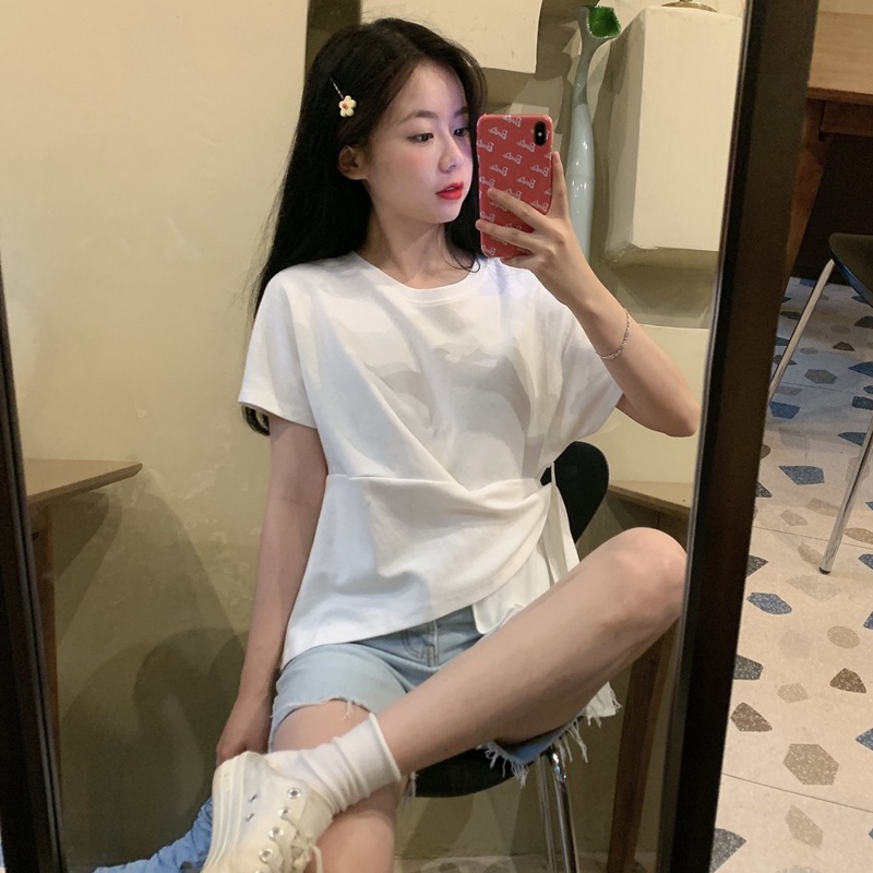 Áo Thun Tay Ngắn Cổ Tròn Thiết Kế Độc Đáo Phong Cách Hàn Quốc