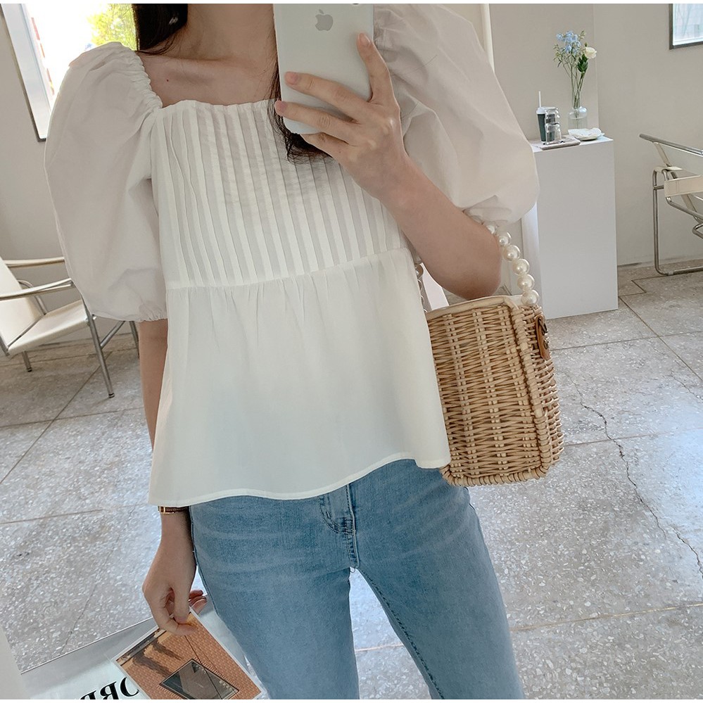 Áo kiểu cổ vuông tay phồng ngắn dáng rộng phong cách Hàn Quốc thời trang dành cho nữ 43969
