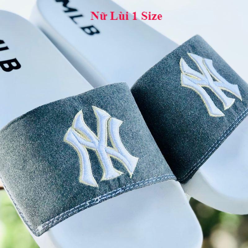 Dép unisex 𝐌𝐋𝐁 ❤️FREESHIP + Hộp❤️ dép mlb bóng chày quai ngang thể thao nữ in NY da lộn, đế ip bền, trắng-xám