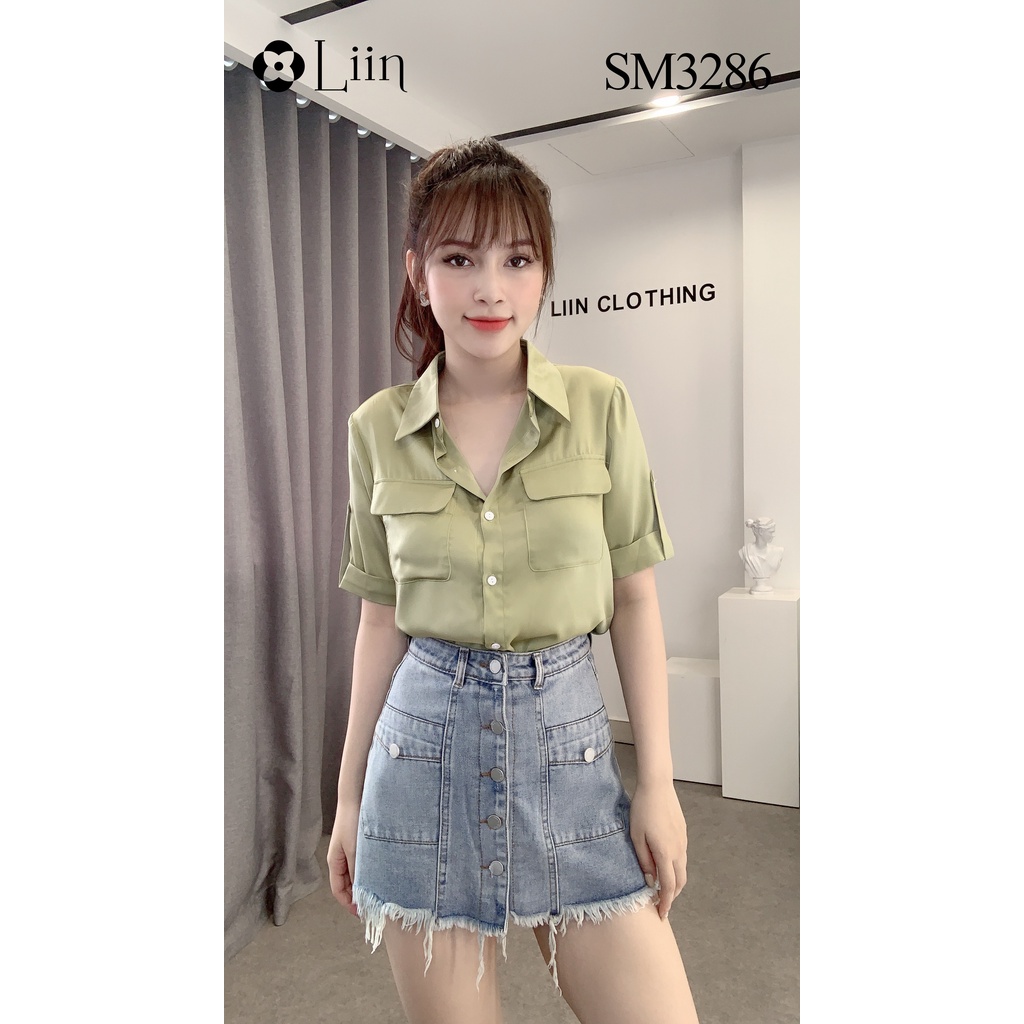 Áo sơ mi nữ màu Xanh form Cộc phối Túi Nắp xinh xắn Liin Clothing SM3286