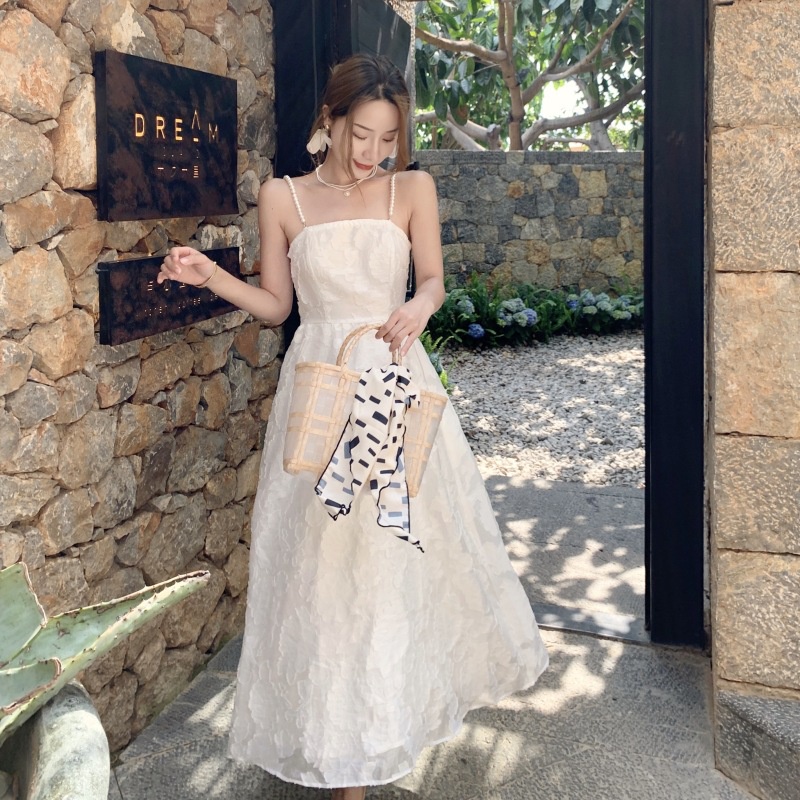 Đầm Hai Dây Dáng Dài Hở Lưng Màu Sắc Ngọc Trai Trắng Phong Cách Bohemian Thời Trang Đi Biển Quyến Rũ Cho Nữ