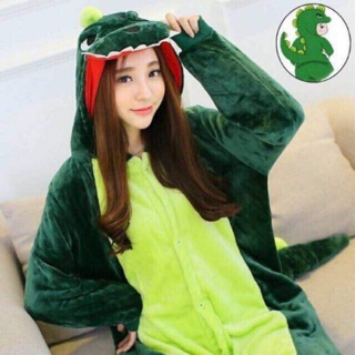 (Có sẵn, kèm dép) Combo bộ đồ khủng long xanh kèm dép cho cả người lớn và trẻ em