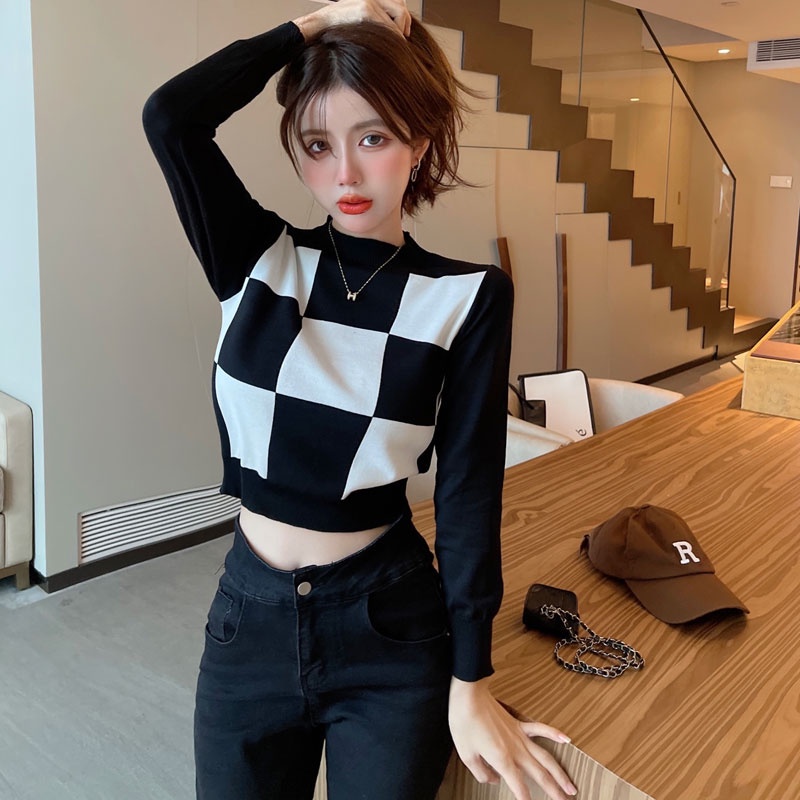 QADCOL Áo len tay dài họa tiết caro thời trang cho nữ