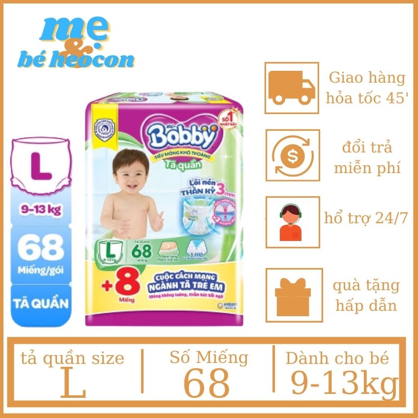 [ Quà Tặng 50K ] Tả Bỉm Quần Bobby Size L68 Miếng Dành Cho Bé Từ 9-13 Kg, Mevabeheocon123