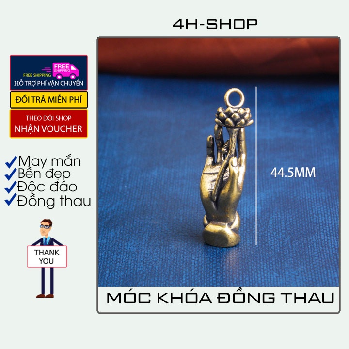 Móc khóa đồng thau hình bàn tay hoa sen phật cực đẹp may mắn độc đáo lạ phong cách bền bỉ đẹp.4H