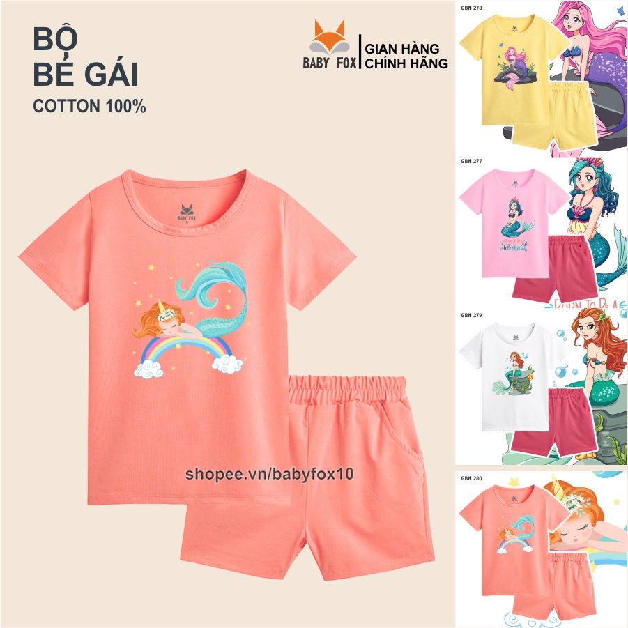 Bộ thun bé gái 100% cotton vải tốt, thương hiệu BABY FOX, in hình nàng tiên cá, size nhỏ, trung, đại c