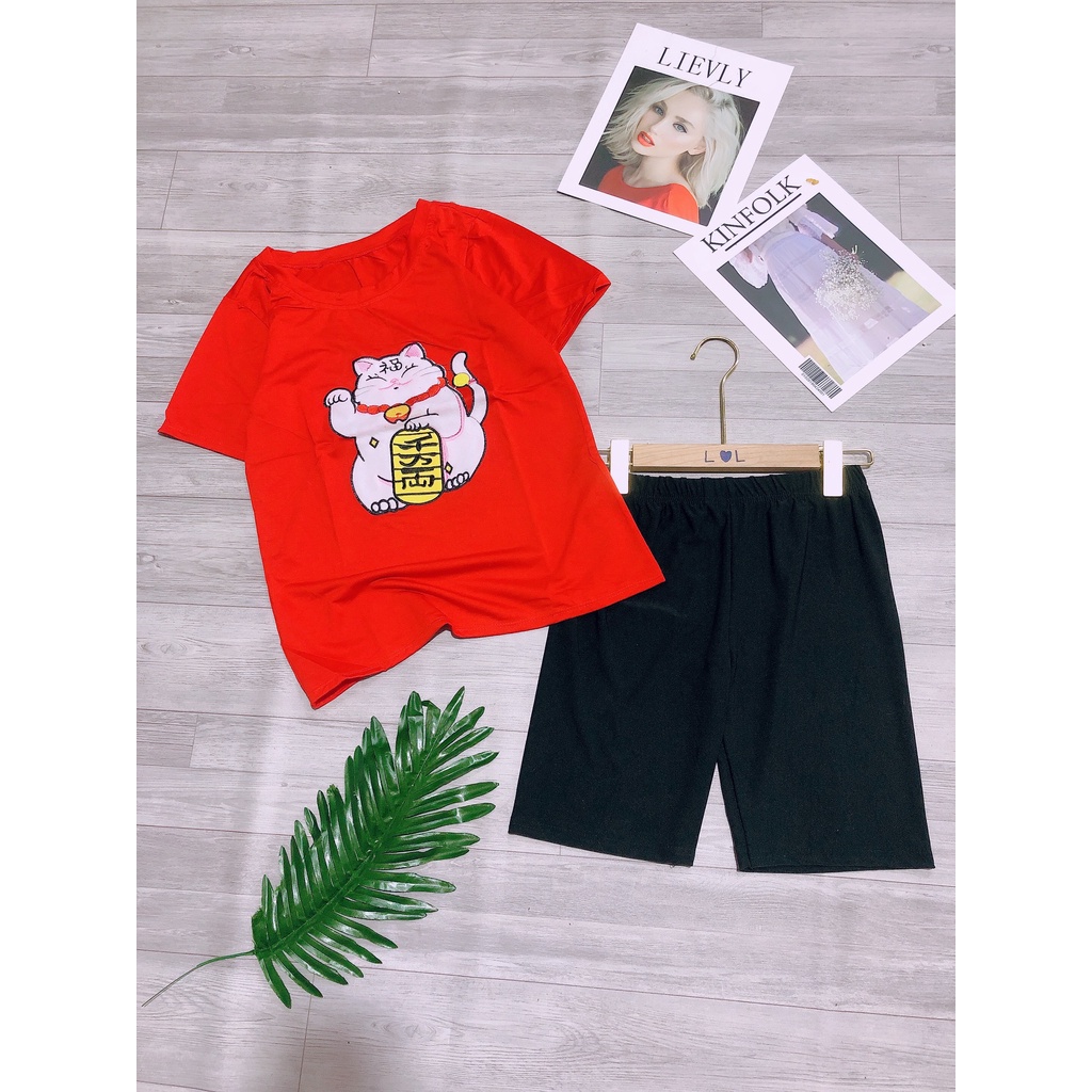 Set mèo thêu mix quần ngố lưng thun