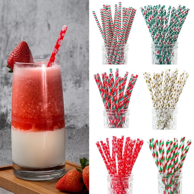 Set 25 ống hút giấy dùng một lần in họa tiết hoa tuyết giáng sinh