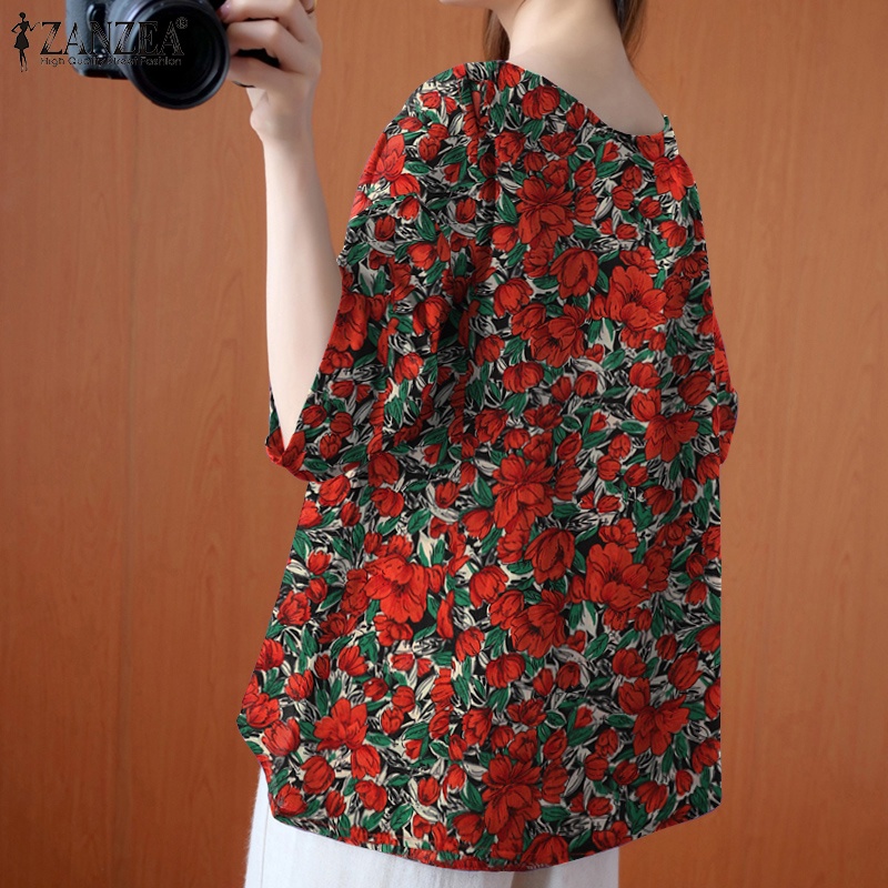 Áo kiểu Zanzea tay ngắn cổ tròn in họa tiết hoa phong cách vintage dành cho nữ