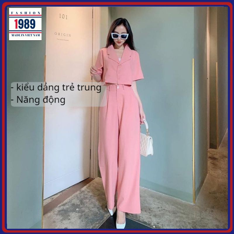(VIDEO) Bộ vest nữ bộ vest áo croptop quần ống rộng lưng cao ,bộ vest hàn quốc chất tuyết mưa đẹp thời trang 1989