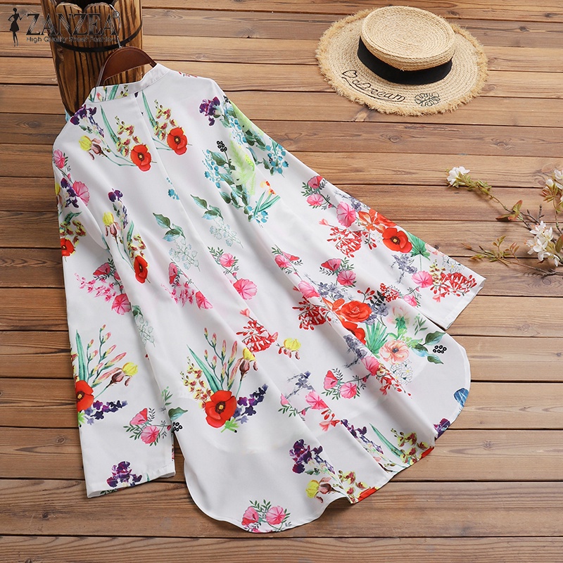 Áo sơ mi ZANZEA tay dài cổ chữ V dáng rộng in hoa vạt thấp và cao thời trang cổ điển cho nữ