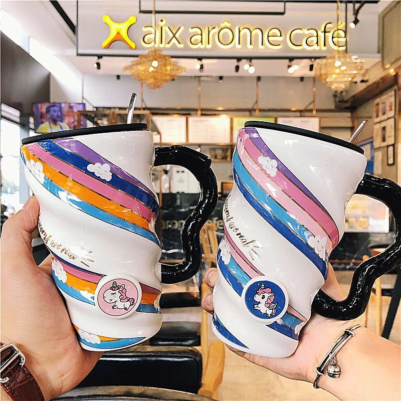Ly Sứ Cao Cấp Văn Phòng Họa Tiết Unicorn, Cá Voi, hành tinh 520ML Kèm Muỗng