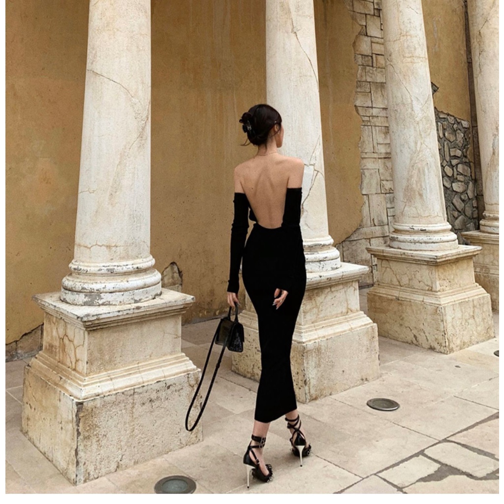 Đầm ôm body cut lưng đen trễ vai tay dài dệt kim màu đen sexy retro ơi