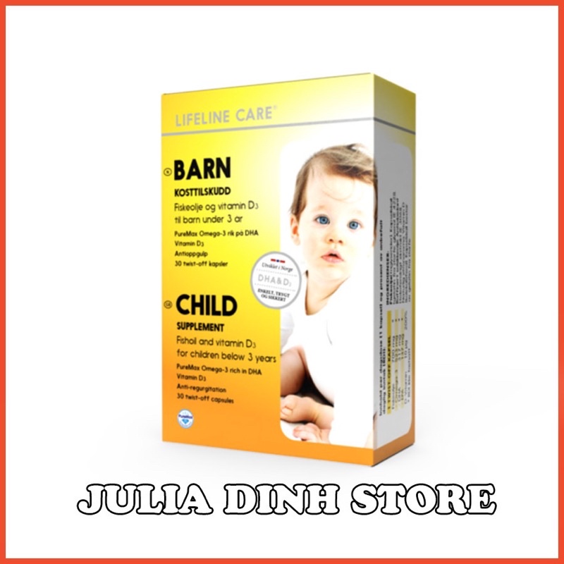 Dầu cá kim cương DHA Vitamin D3 BARN Lifeline Care Nauy cho bé từ 4 tuần tuổi hộp 30 viên