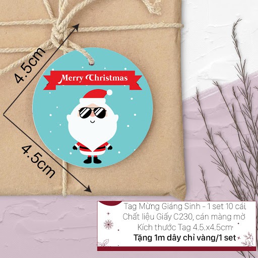 TAG NOEL treo hộp quà Noel, cây thông Giáng Sinh- SET 10 cái (12 mẫu ngẫu nhiên) Tặng dây chỉ vàng treo tag