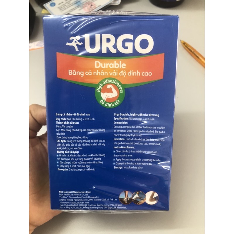 băng cá nhân vải độ dính cao Urgo Dủable hộp 102 miếng