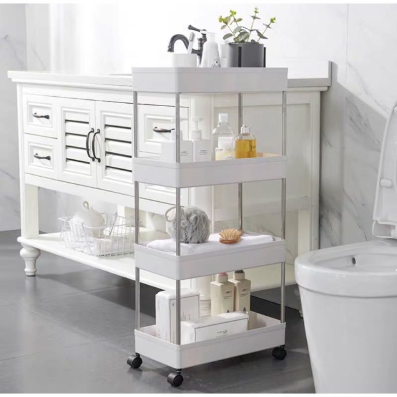 Kệ để đựng đồ đa năng cao 4 tầng có bánh xe đẩy di động nhà bếp, phòng tắm inox