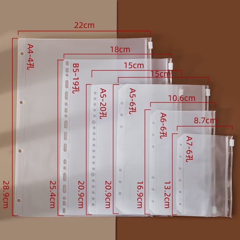 Túi Đựng Tài Liệu Bằng Nhựa PVC Trong Suốt Chống Thấm Nước Có Khóa Kéo 4 / 6 / 20 / 26 Lỗ Khổ A4 / A5 / A6 / A7 / B5