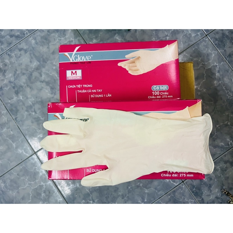 Găng Tay Y Tế Vglove Có Bột Cổ Dài 27.5cm - Hộp 100 Cái  Trọng Lượng 7.2G/Cái Chính Hãng