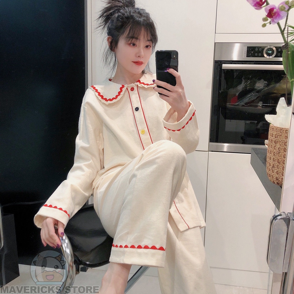 Bộ Đồ Ngủ Tay Dài Cổ Búp Bê Dễ Thương Dành Cho Nữ