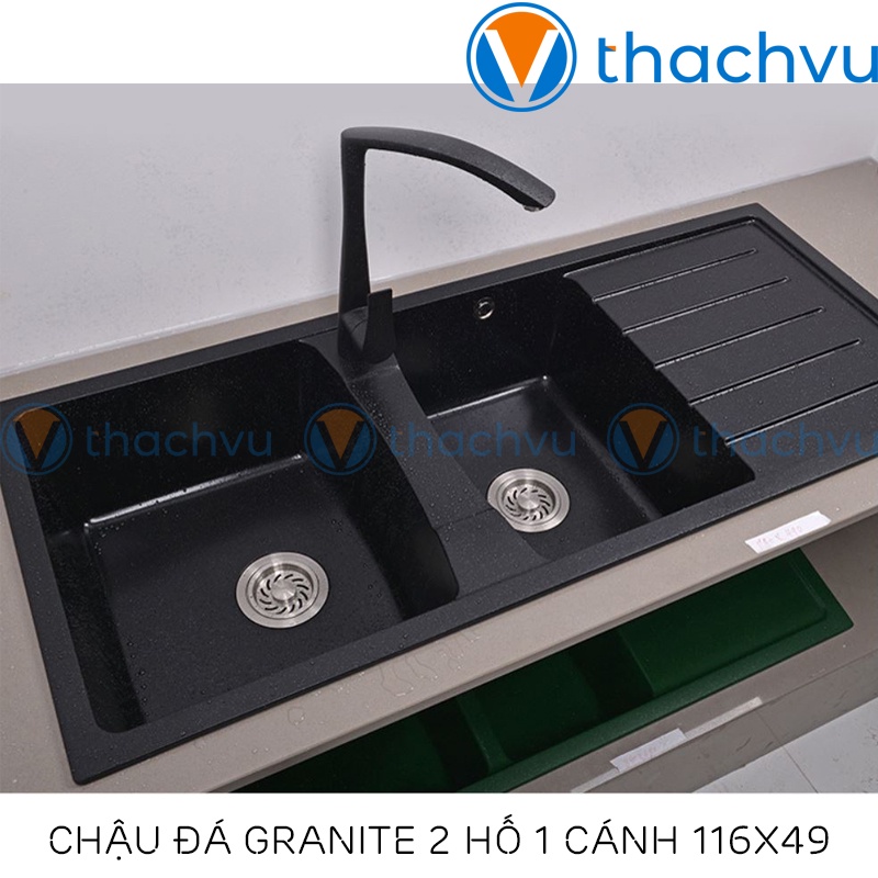 ✅GIÁ SỐC✅ Chậu rửa chén bát bằng đá nhân tạo, bồn rửa bát đá granite 2 hố 1 cánh, chậu đá nhà bếp kèm xiphong 116x49.