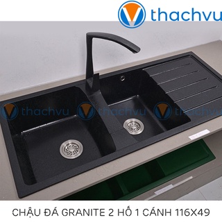 ✅GIÁ SỐC✅ Chậu rửa chén bát bằng đá nhân tạo, bồn rửa bát đá granite 2 hố 1 cánh, chậu đá nhà bếp kèm xiphong 116x49.