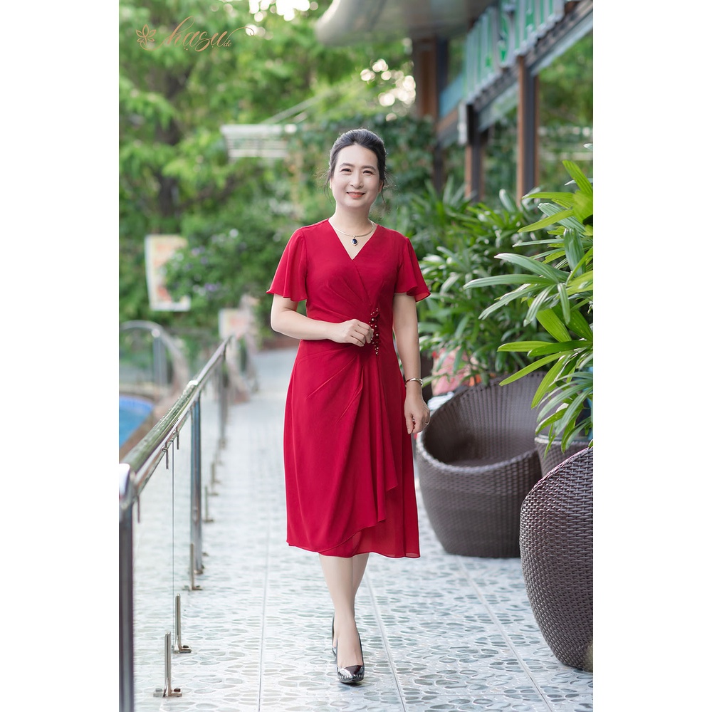 Váy trung niên/ Đầm trung niên - DV16 cổ tim vạt lệch