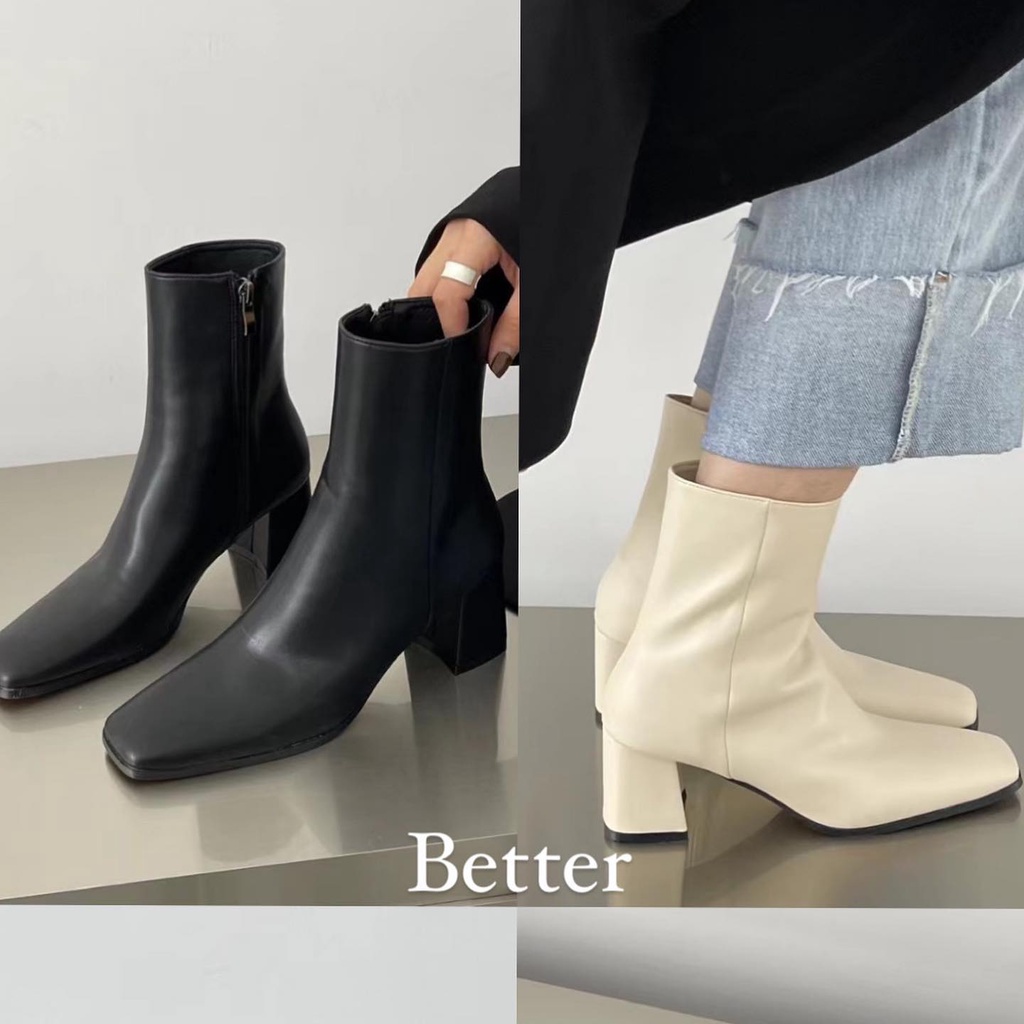 Boot mũi vuông ngang, da trơn mềm, gót trụ vuông 7cm - better - 251021002