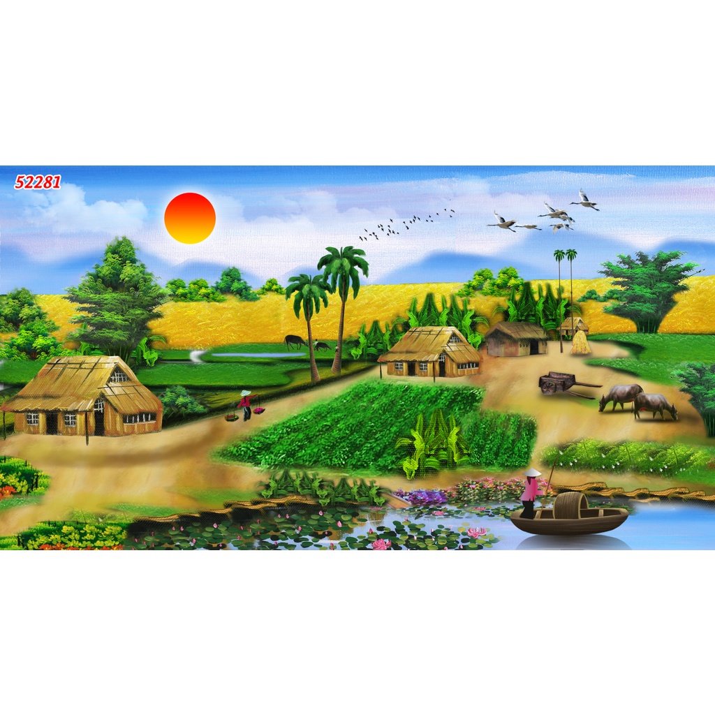 Tranh Dán tường 3D Phong Cảnh Làng Quê yên bình, không ồn ào náo nhiệt