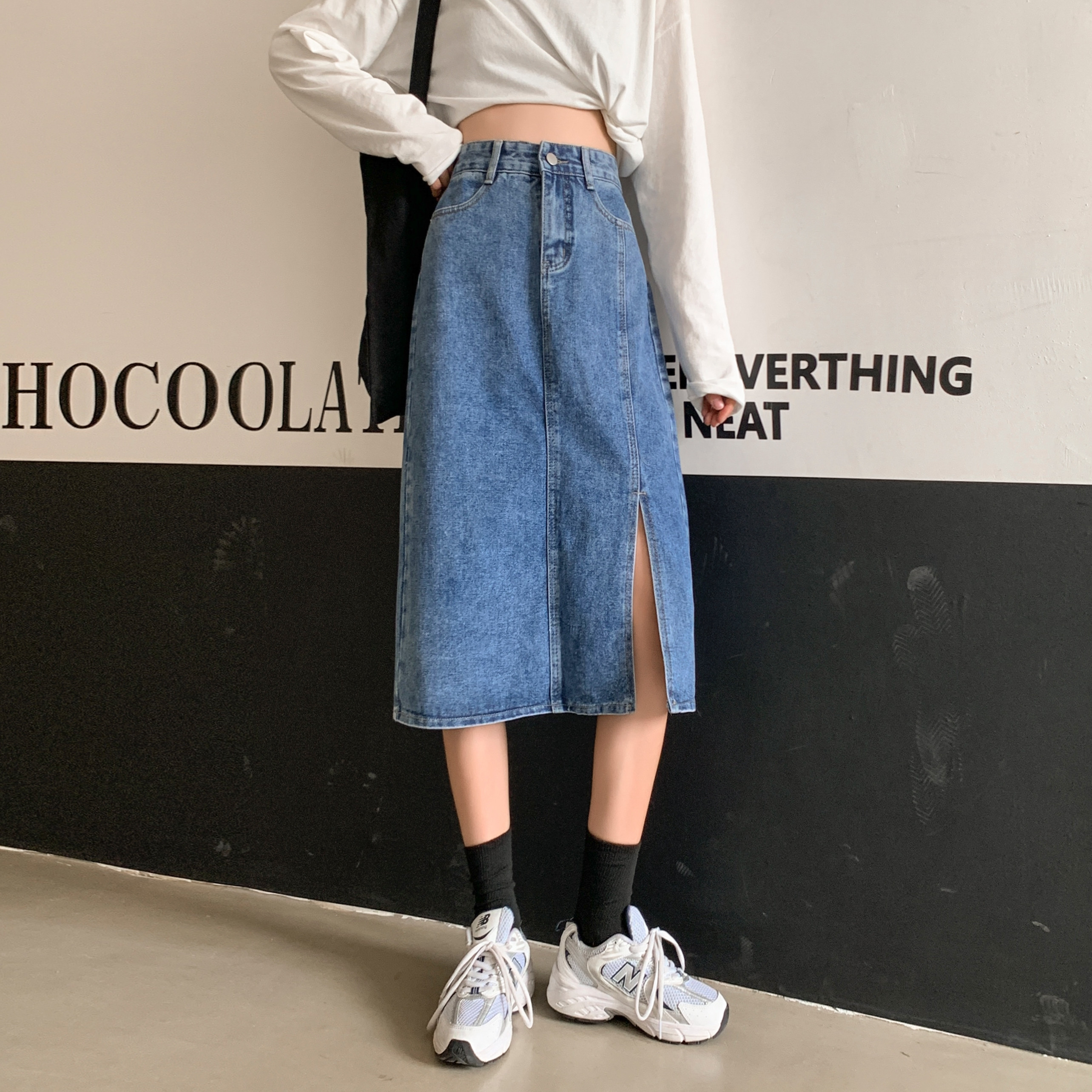 Chân Váy Denim Nữ Lưng Cao Xẻ Tà Phong Cách Hàn Quốc | BigBuy360 - bigbuy360.vn