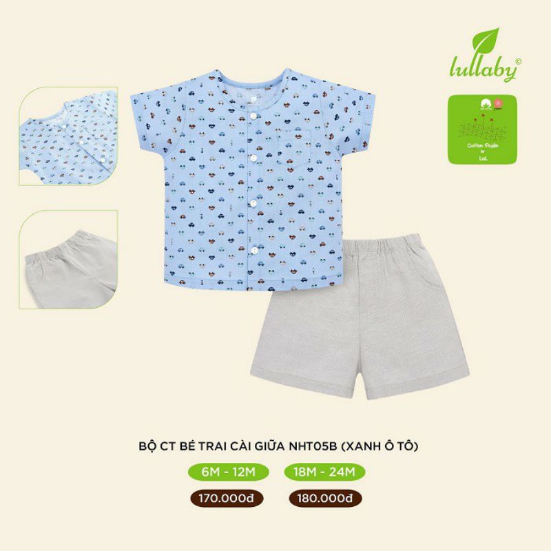 Lullaby Bộ cộc tay bé trai cài giữa/bổ nẹp chất xô mềm, thoáng