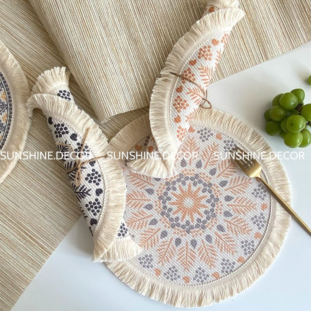 Thảm Thổ Cẩm Tròn Tua Rua Trang Trí Lót Bàn Ăn Phong Cách Vintage- Sunshine.decor