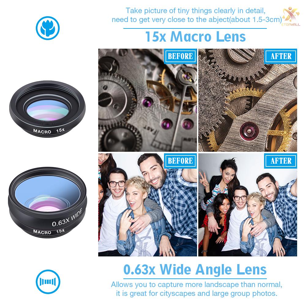 Bộ Ống Kính Máy Ảnh Apexel 10 Trong 1 Góc Rộng 0.63x Wide Angle + 15x Macro + 198 + 2 Ống Kính Fisheye + 2 Ống Kính 3 Cho Điện Thoại Android