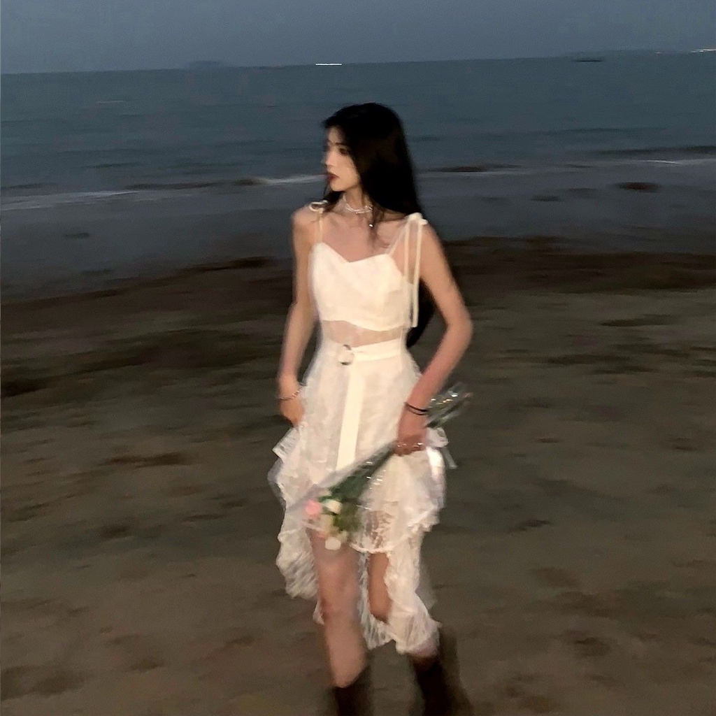 Đầm Hai Dây Phối Ren Màu Trắng Ngọt Ngào Thời Trang Mùa Hè Cho Nữ