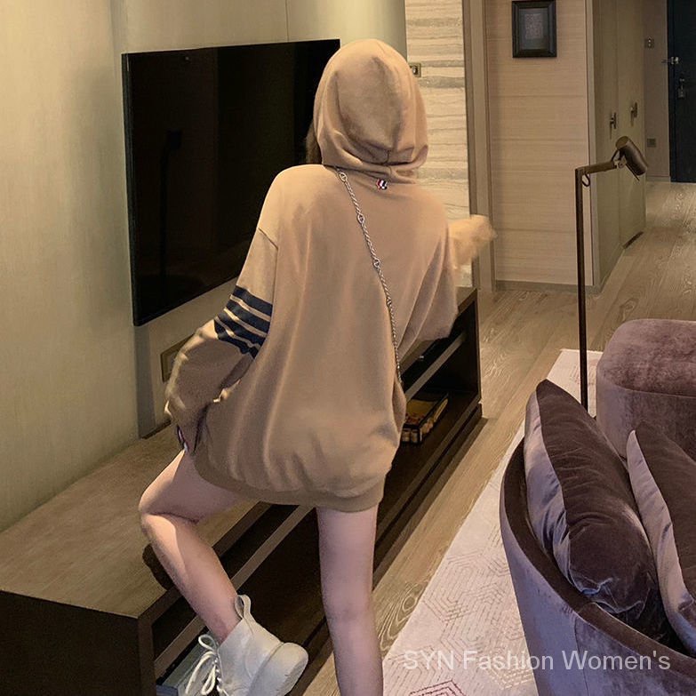 Áo Hoodie Nỉ Ngoại Tay Sọc Nâu Tây Phong Cách Đường Phố - Chống Nắng