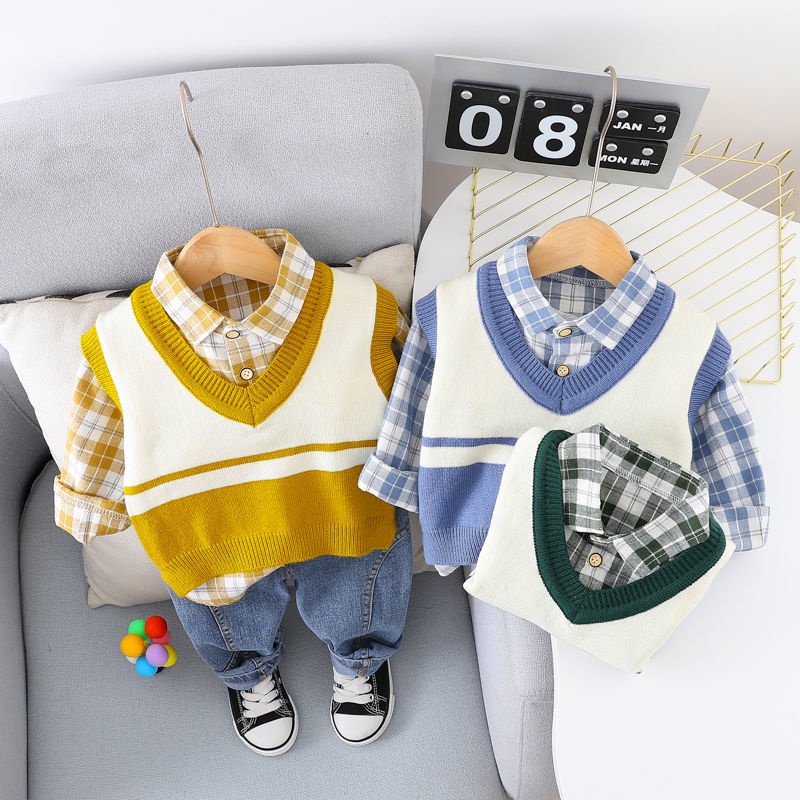 Set Áo Sơ Mi Caro + Áo Khoác Ghi Lê Thời Trang Cho Bé Trai