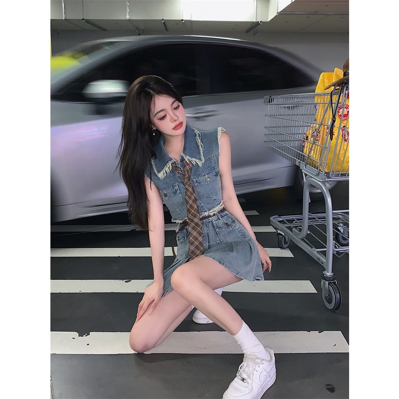 Cocory vn Set Áo Denim Không Tay + Chân Váy Chữ A Thời Trang Nữ