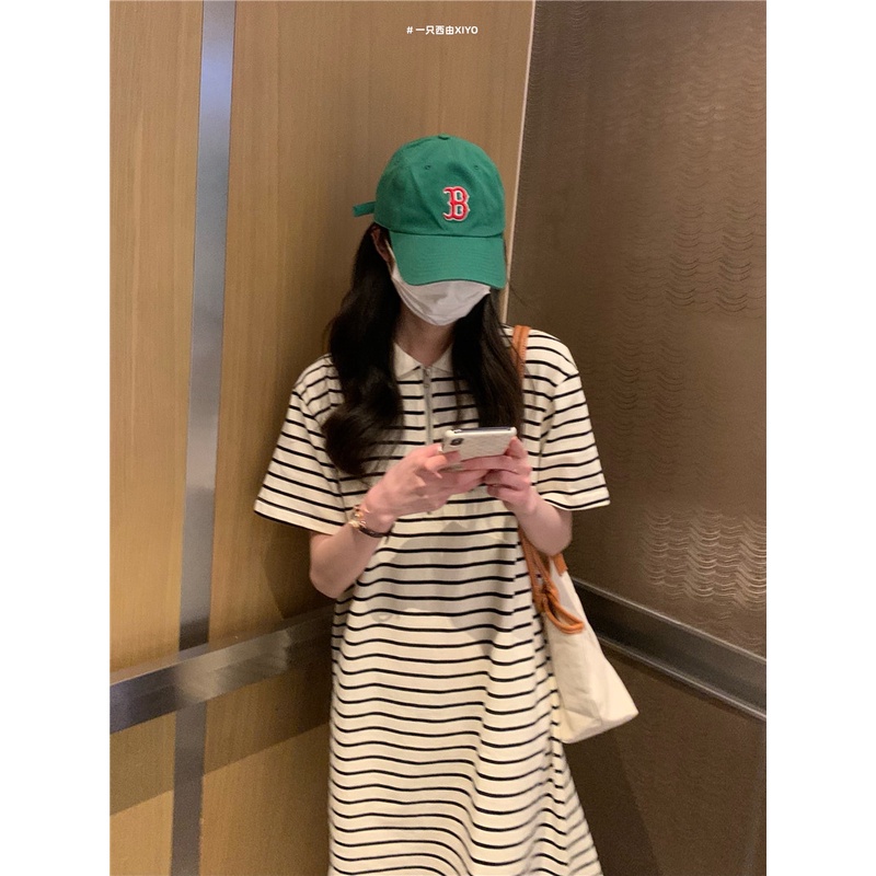 Đầm polo XIAOZHAINV ngắn tay kẻ sọc phong cách Hàn Quốc thời trang hè cho nữ