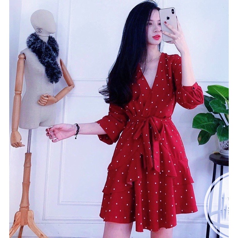 [Mã SKAMA06 giảm 8% tối đa 50K đơn 250K] Đầm bi đỏ tầng cột eo (kèm hình thật) | BigBuy360 - bigbuy360.vn