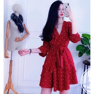 Đầm bi đỏ tầng cột eo (kèm hình thật)