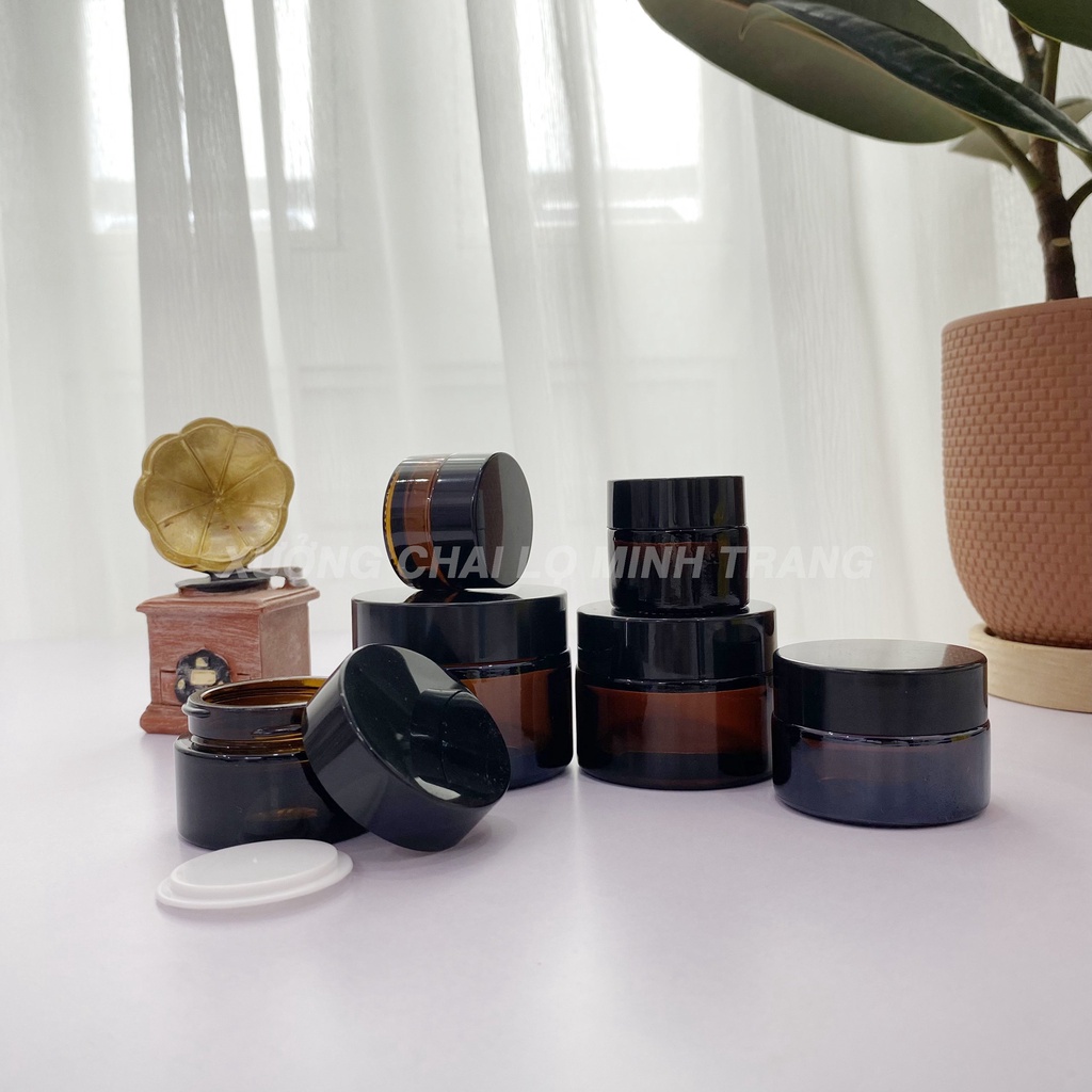 Hủ Đựng Kem 🏵️ Hũ Chiết Mỹ Phẩm Thủy Tinh Nâu Nắp Đen 30g Thiết Kế Nhỏ Gọn, Sang Trọng Chuyên Dùng Spa